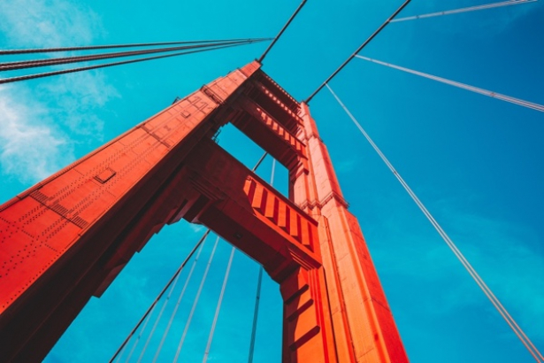 View up from street level of the Golden Gate Bridge